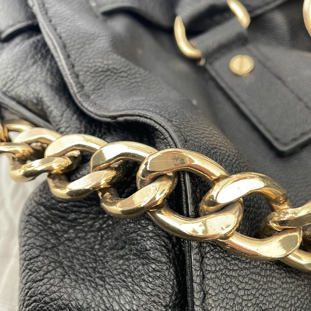 Michael Kors Hamilton Large Black Leather Satchel with Gold-Tone Chain Detail - Picture 9 of 9